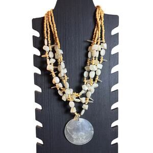 Vtg Multi-Strand Mother of Pearl Beaded Necklace with Large Shell Pendant Boho